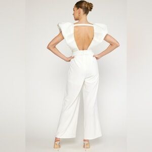 NWT V-Neck Oversized Ruffle Plunge Neckline Jumpsuit $89 White S
